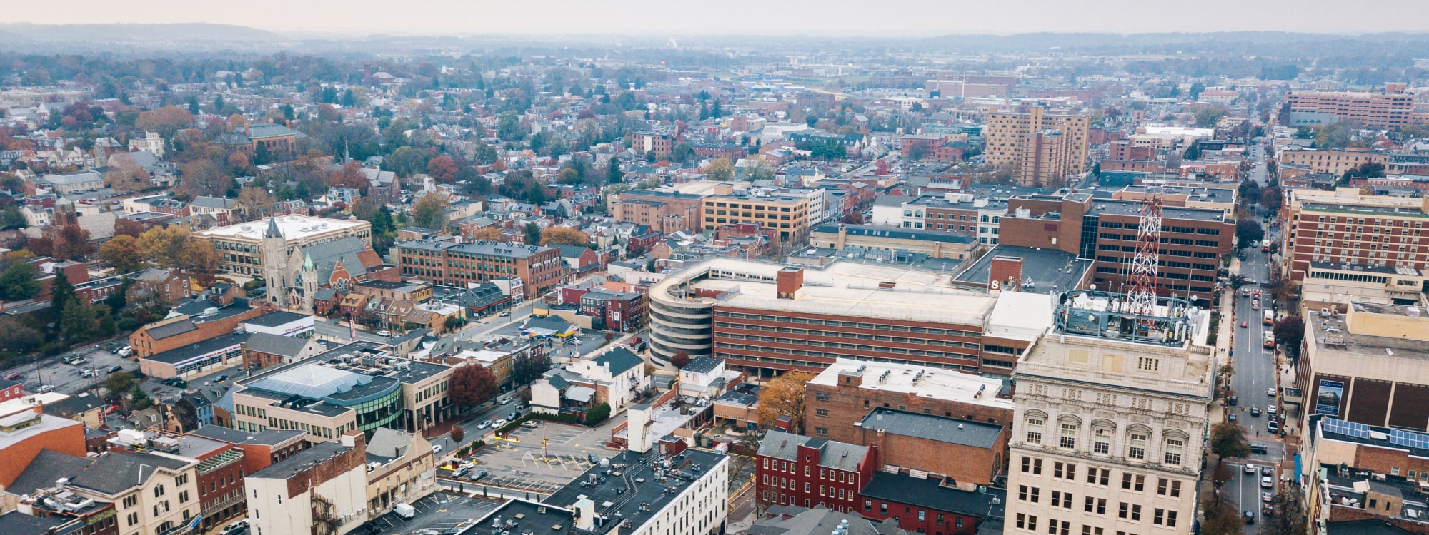 Aerial image of downtown Lancaster city for Stress Free banner section for PA Home Solutions