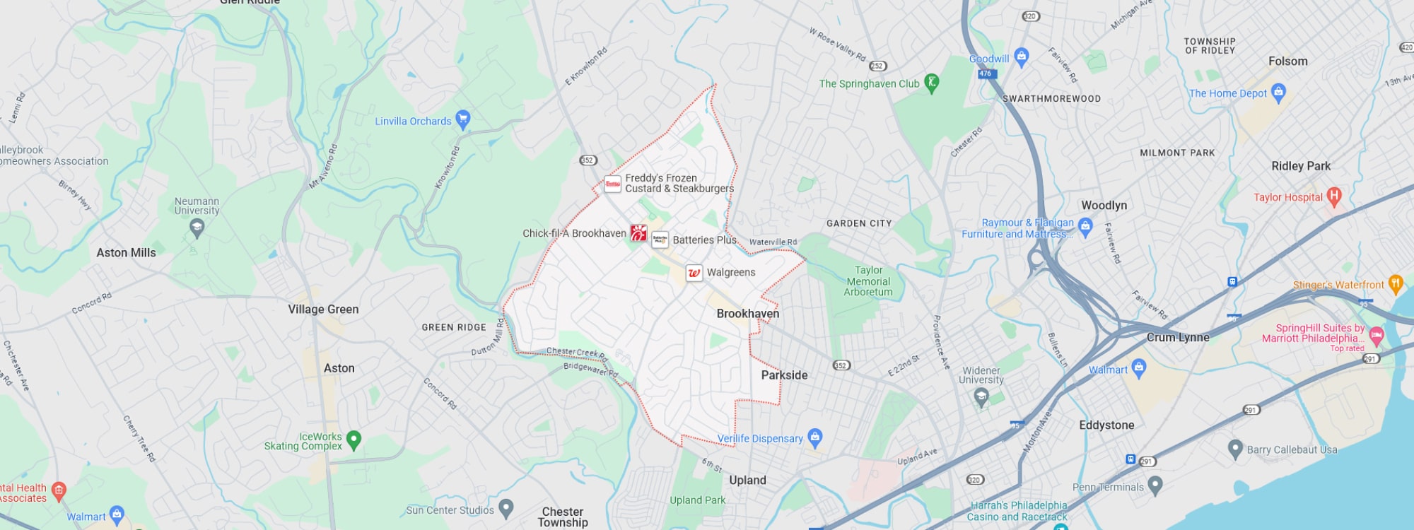 We Buy Houses Fast Brookhaven, PA banner of downtown Brookhaven for PA Home Solutions