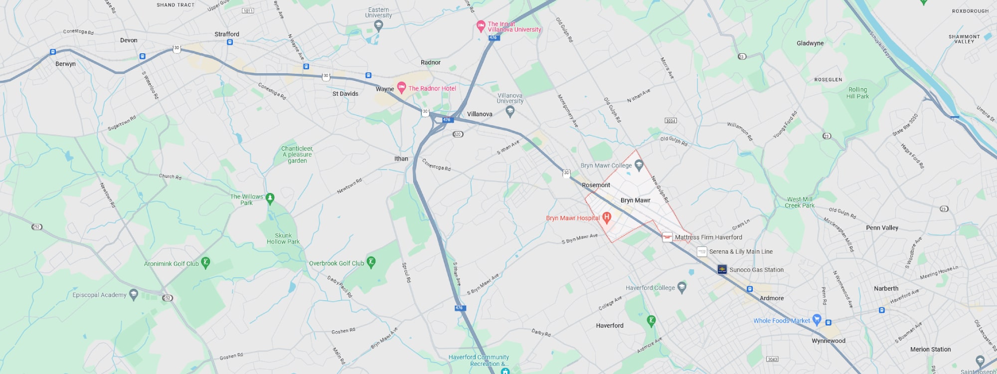 We Buy Houses Fast Bryn Mawr, PA banner of downtown Bryn Mawr for PA Home Solutions