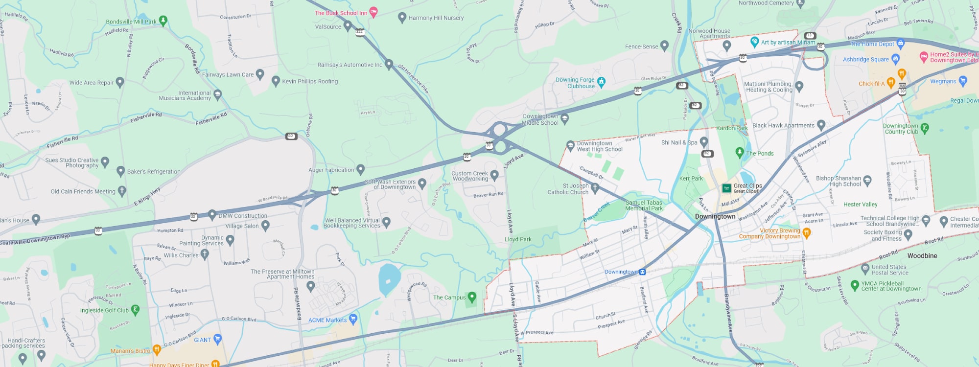 We Buy Houses Fast Downingtown, PA banner of downtown Downingtown for PA Home Solutions