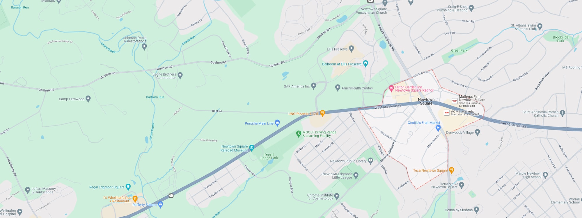 We Buy Houses Fast Newtown Square, PA banner of downtown Newtown Square for PA Home Solutions